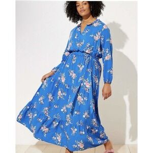 LOFT Plus  Blue Floral V-Neck Long Sleeve Maxi Dress size 16